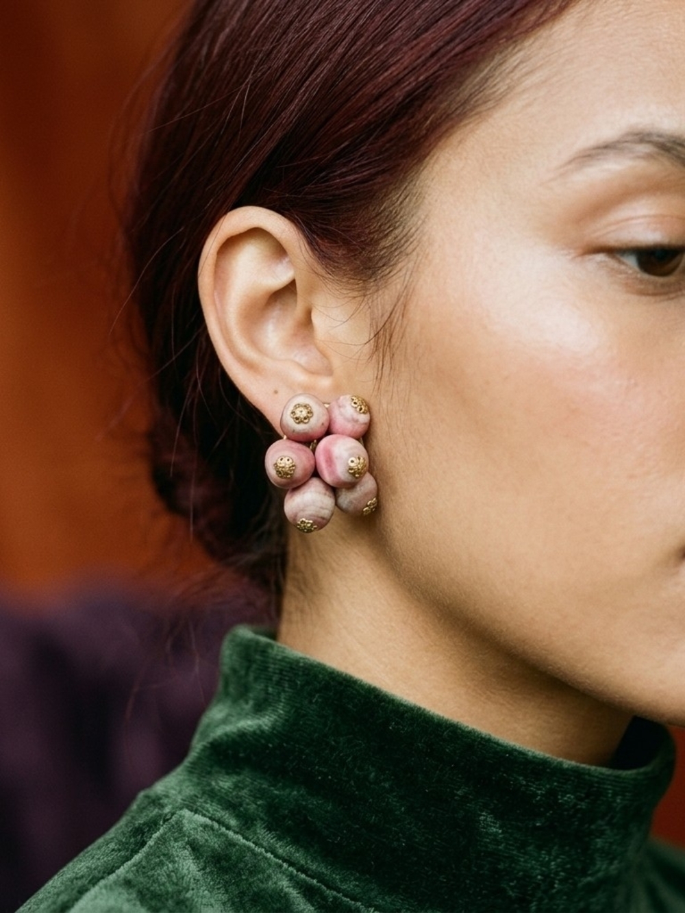 Vintage 1950s Pink Rhodonite Stone Cluster Clip On Earrings Brass Art Deco